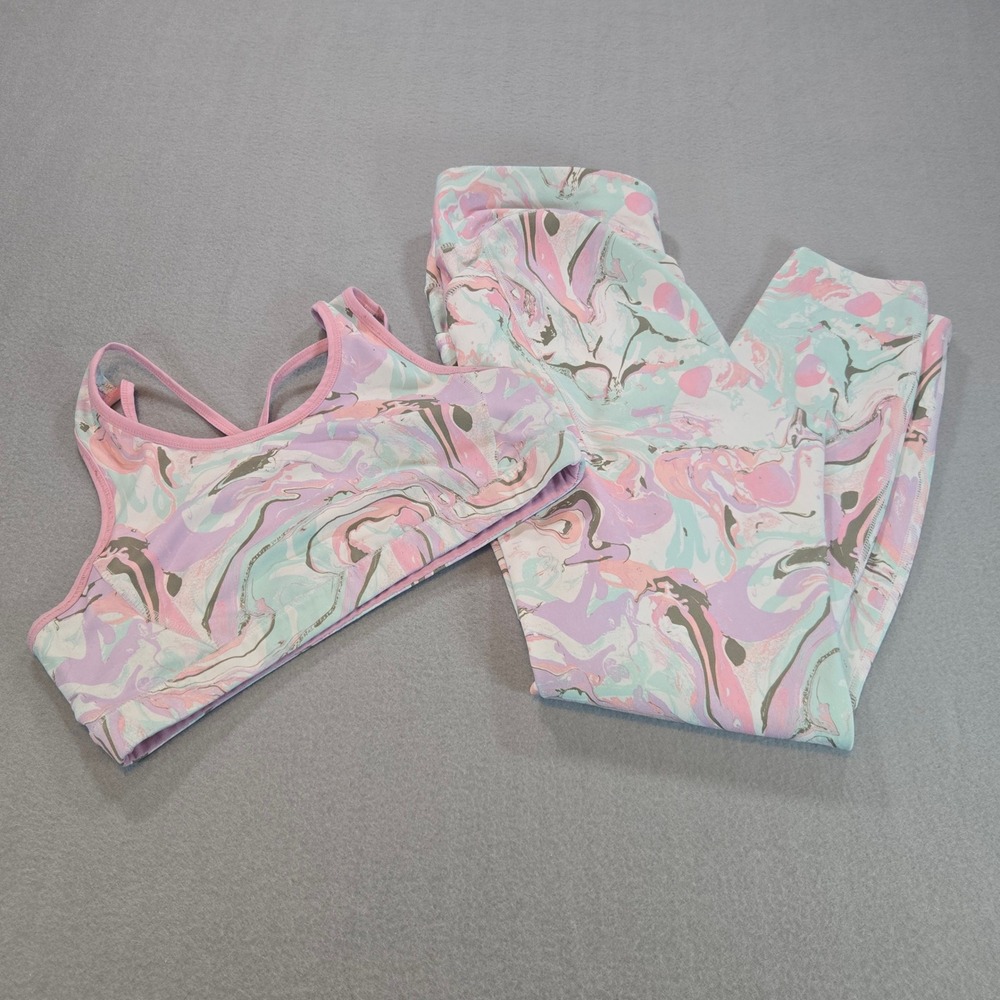 Avia Activewear Set Womens XL 14-16 Pink Purple Pastel‎ Marble Bra Leggings Set